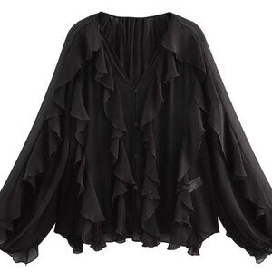 Black Ruffled Button-Up Blouse L 105